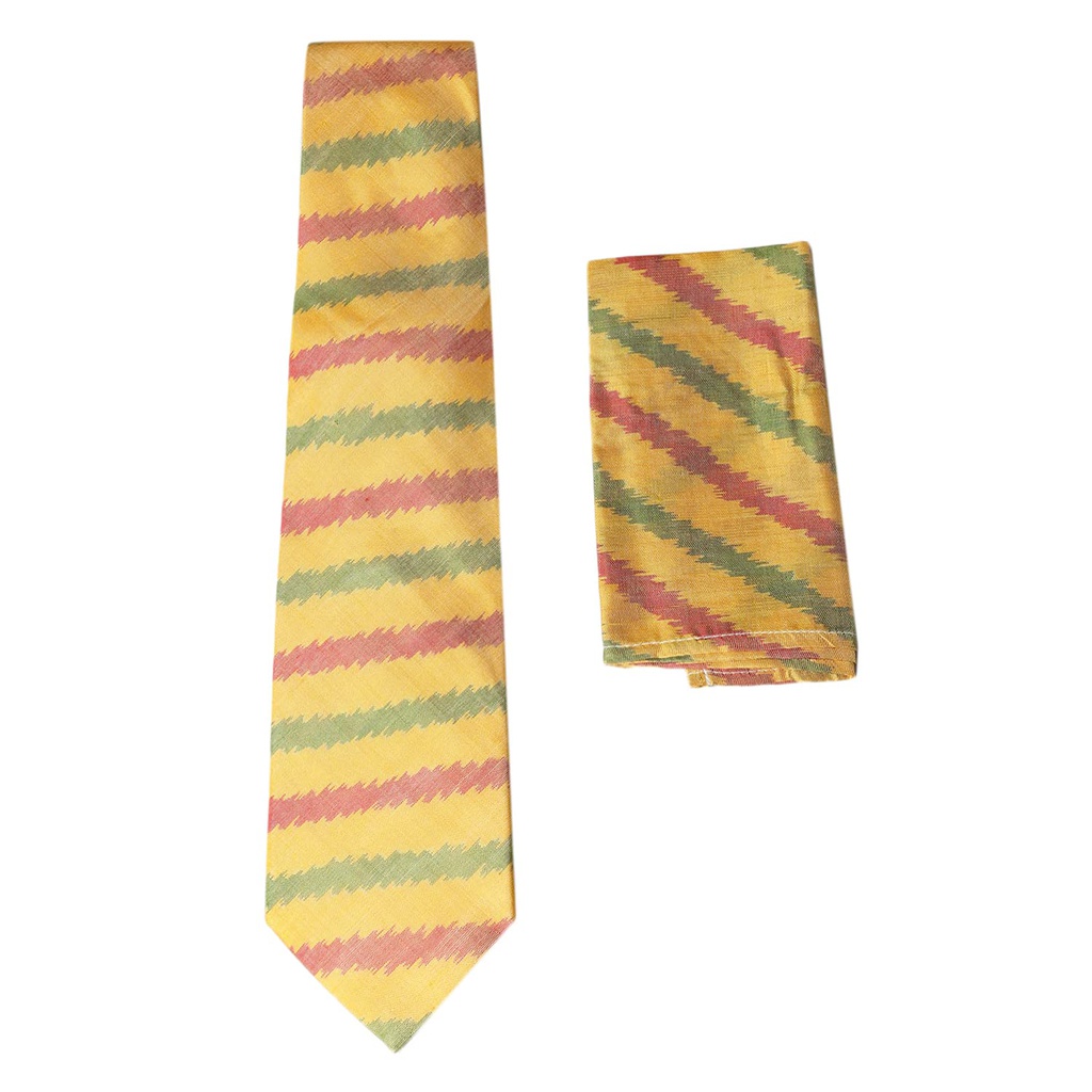 Handwoven Yellow Ikat Tie With Pocket Square
