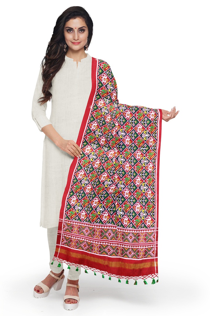 Red and Dark Green Handwoven Double Ikat Silk Dupatta