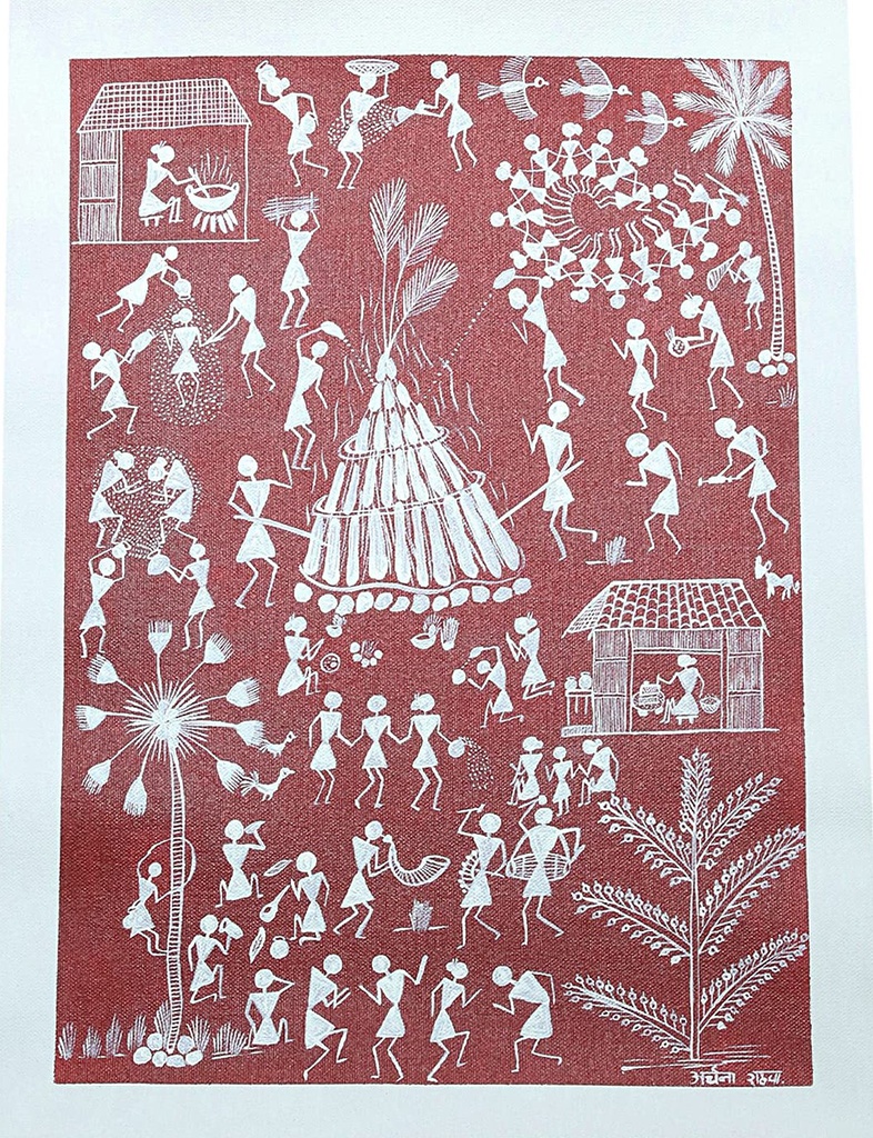 Handmade Maroon Warli Painting