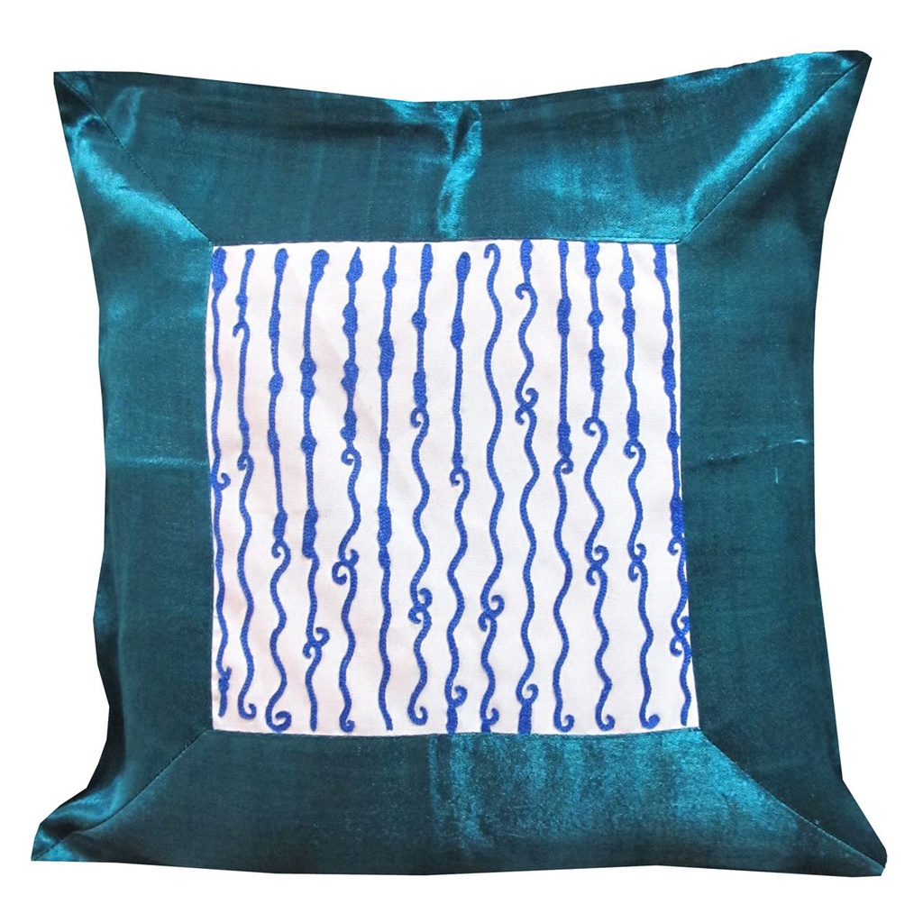 Dark Green Hand Embroidered Mashru Cushion Cover