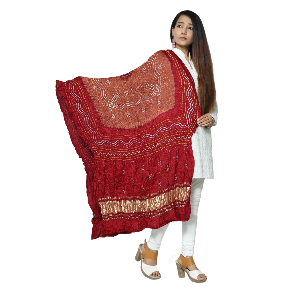 Brown and Maroon Gajji Silk Handwoven Bandhani Dupatta