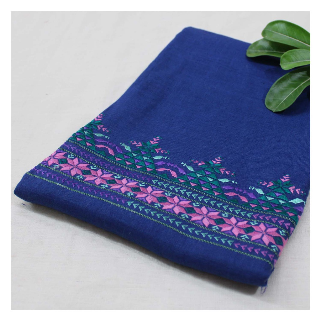 Denim Blue Hand Embroidered Unstitched Blouse Material