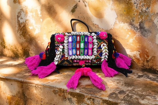 Handcrafted Banjara Boho Embroidered Shell & Tassel Sling Bag