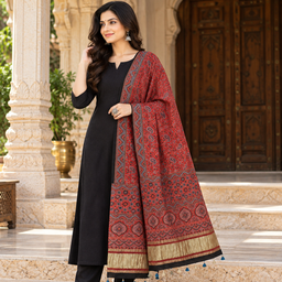 Ajrakh Hand Block Print Mashru Silk Dupatta