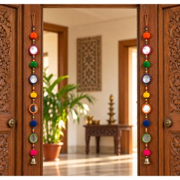 [GGCDWH15] Handcrafted Multicolor Mirror &amp; Thread Ring Door Hanging with Bells