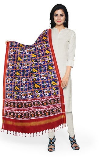 Handwoven Blue and Red Double Ikat Patola Dupatta